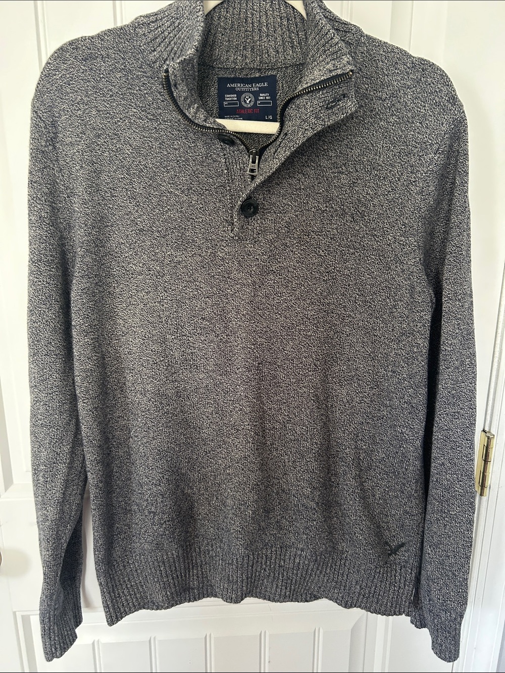 AMERICAN EAGLE ATHLETIC FITHEATHER GRAY 1/4 ZIP BUTTON PULLOVER SWEATER